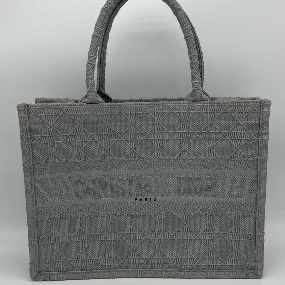 Authentic NEW Christian Dior Embroidered Cannage canvas grey medium book tote - Picture 4 of 16